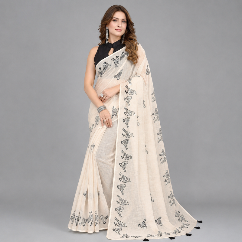 Beige woven linen saree with blouse