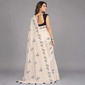 Beige woven linen saree with blouse 3