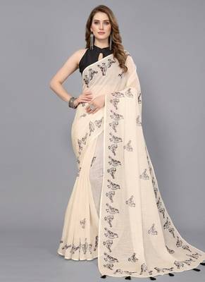 Beige woven linen saree with blouse 1
