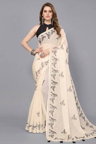 Beige woven linen saree with blouse