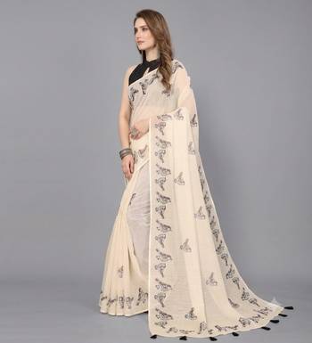 Beige woven linen saree with blouse 2