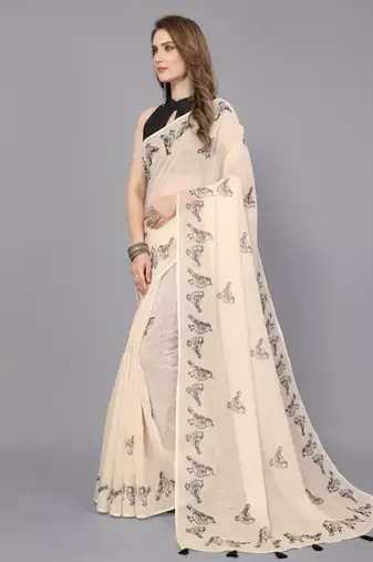 Beige woven linen saree with blouse