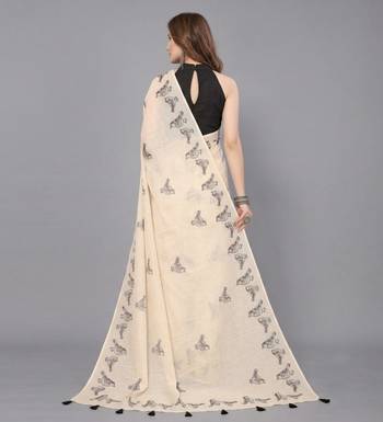 Beige woven linen saree with blouse 3