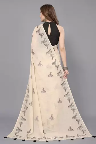 Beige woven linen saree with blouse