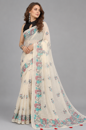 Beige woven linen saree with blouse