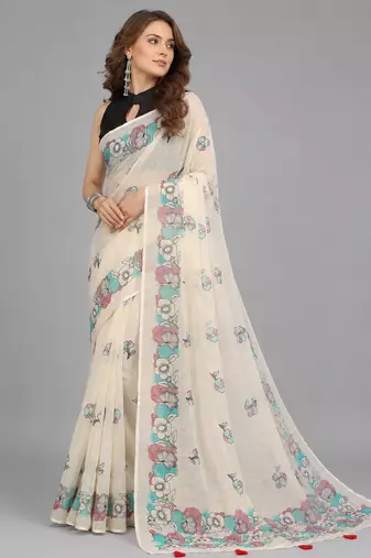 Beige woven linen saree with blouse
