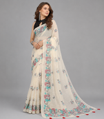 Beige woven linen saree with blouse