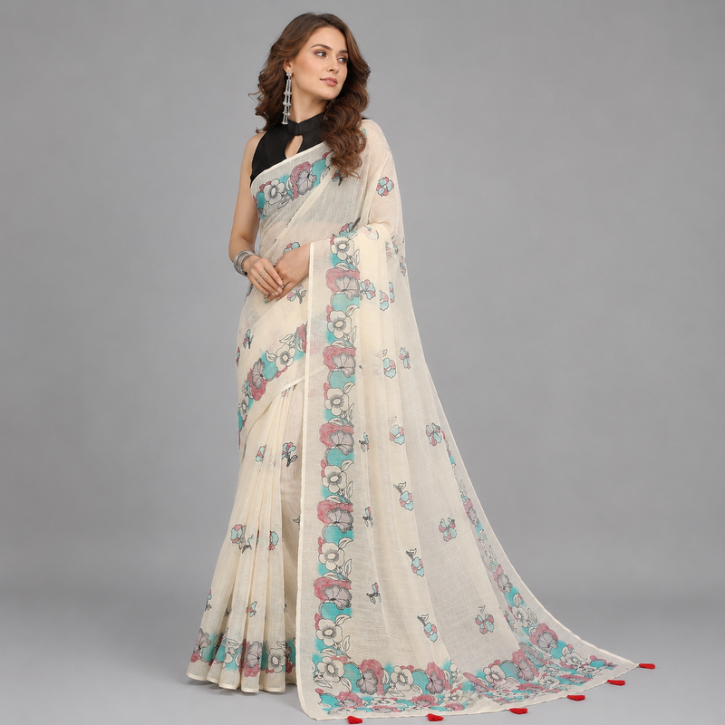 Beige woven linen saree with blouse