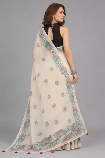 Beige woven linen saree with blouse