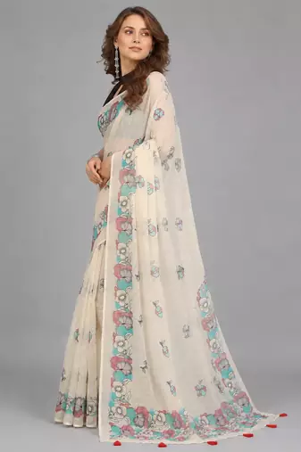 Beige woven linen saree with blouse