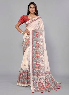 Beige woven linen saree with blouse 1
