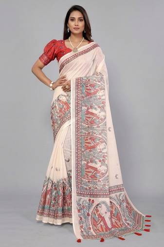 Beige woven linen saree with blouse