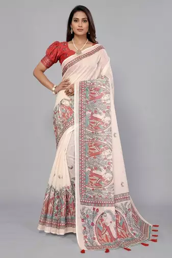 Beige woven linen saree with blouse