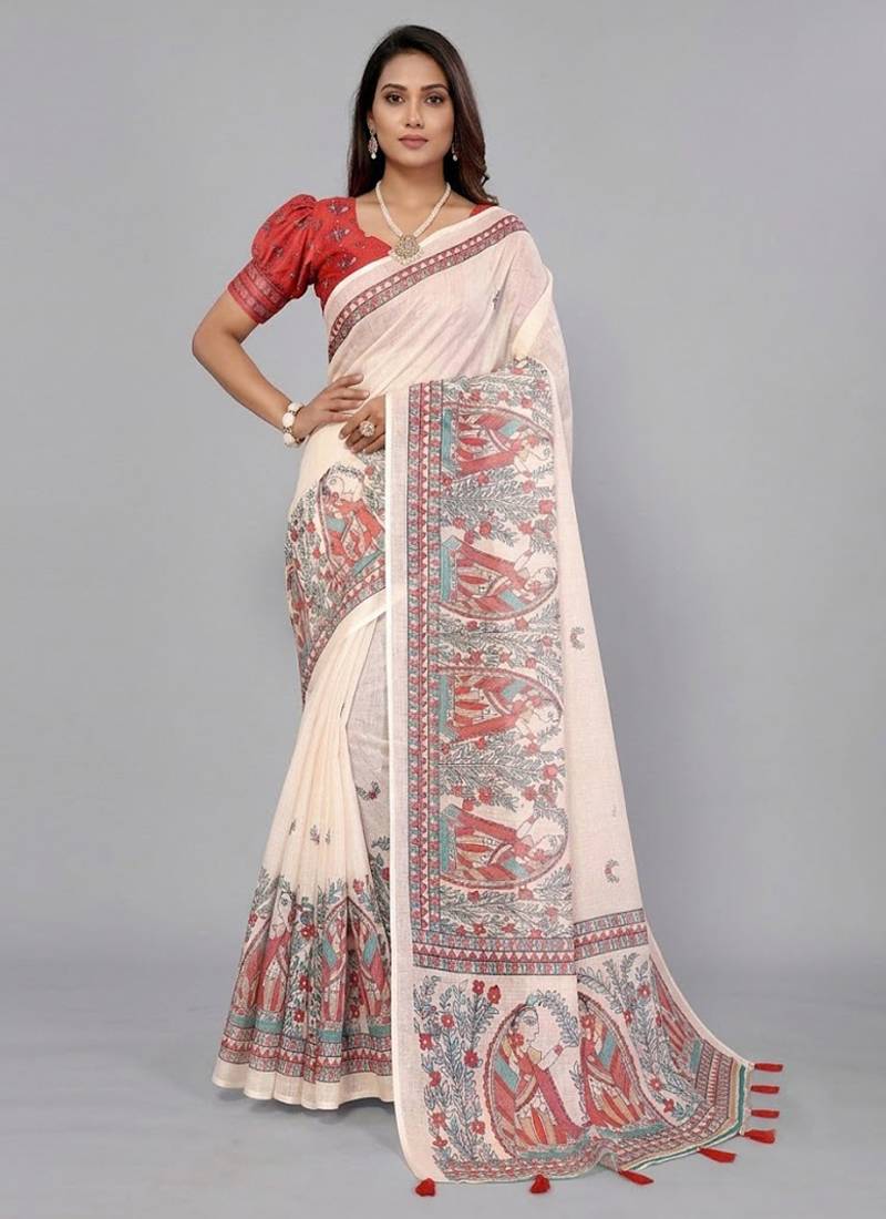 Beige woven linen saree with blouse