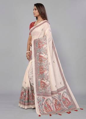 Beige woven linen saree with blouse 2