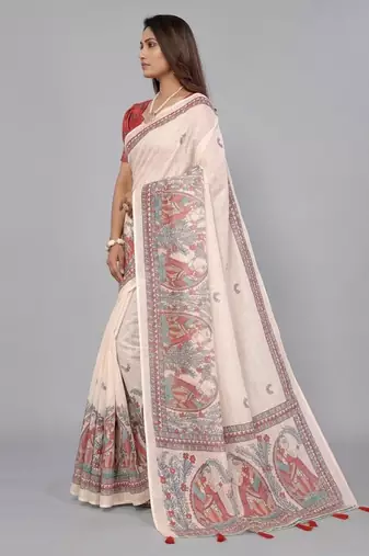 Beige woven linen saree with blouse