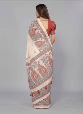 Beige woven linen saree with blouse 3