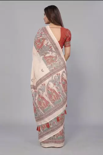 Beige woven linen saree with blouse
