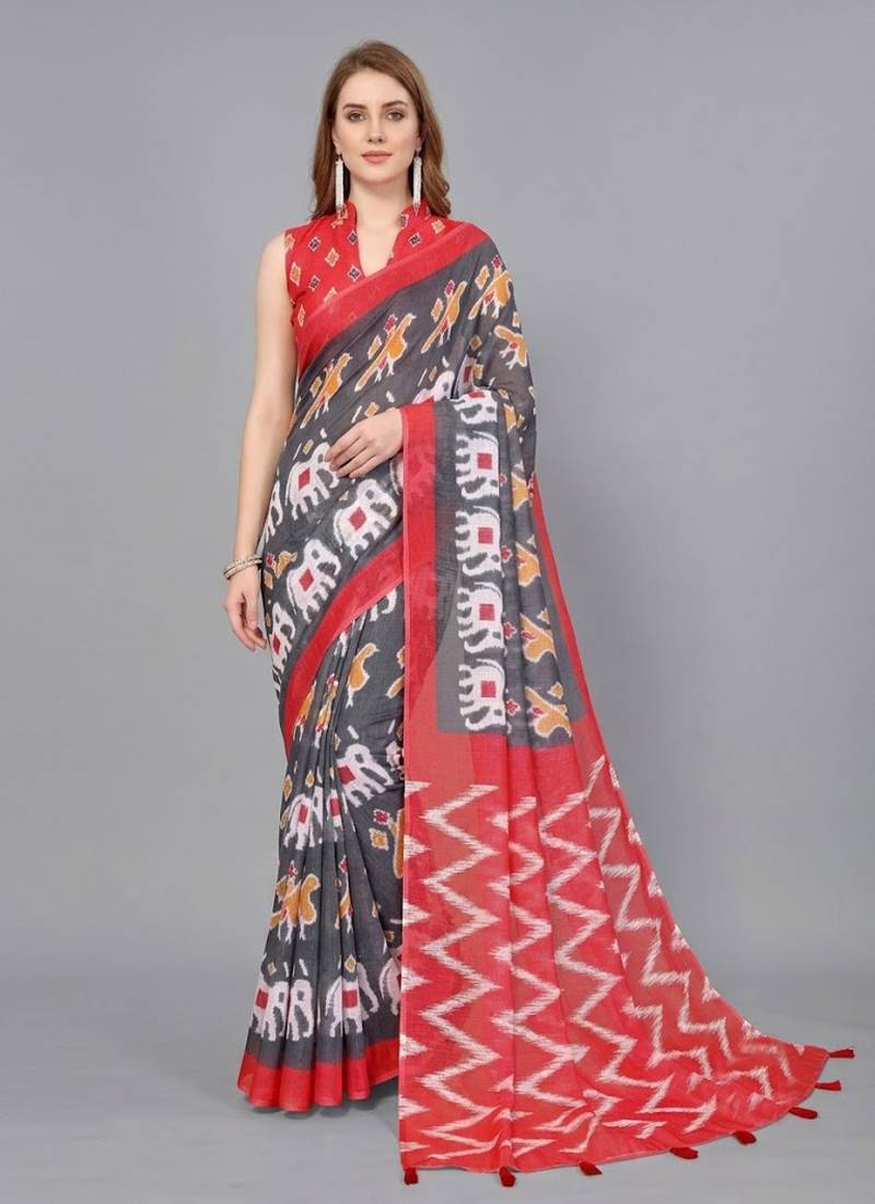 Grey woven linen saree with blouse
