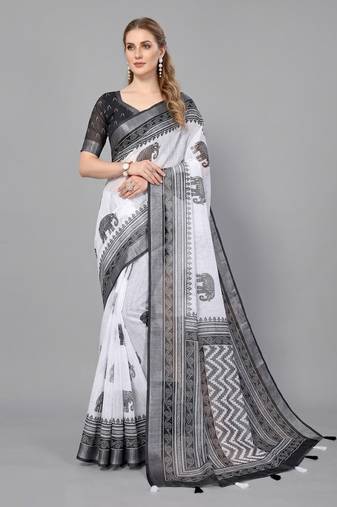 White woven linen saree with blouse