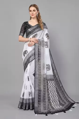 White woven linen saree with blouse