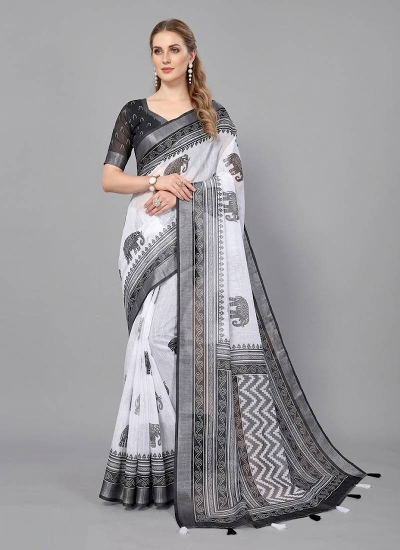 White woven linen saree with blouse