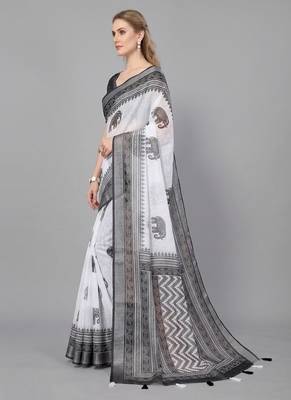 White woven linen saree with blouse 2