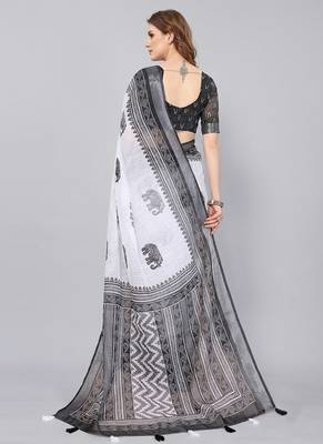 White woven linen saree with blouse 3