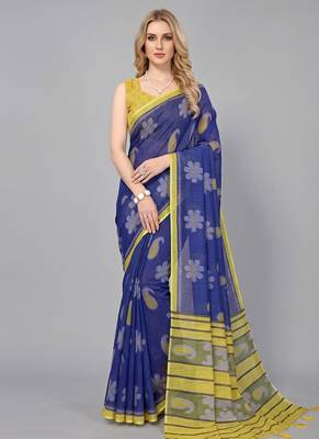 Blue woven linen saree with blouse 1
