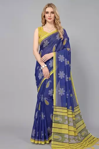 Blue woven linen saree with blouse