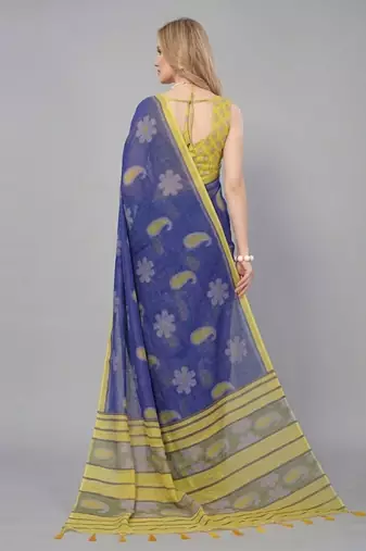 Blue woven linen saree with blouse
