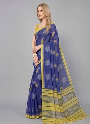 Blue woven linen saree with blouse 3