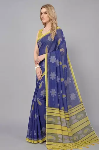 Blue woven linen saree with blouse