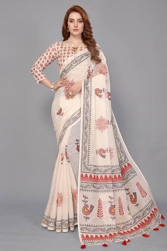 Beige woven linen saree with blouse