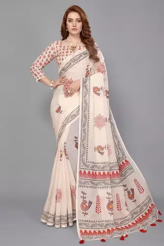 Beige woven linen saree with blouse