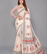 Beige woven linen saree with blouse