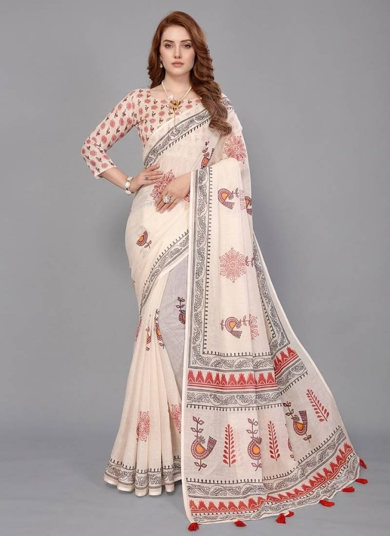 Beige woven linen saree with blouse
