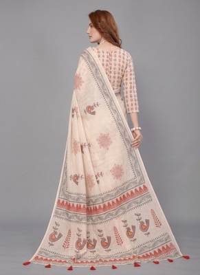 Beige woven linen saree with blouse 2