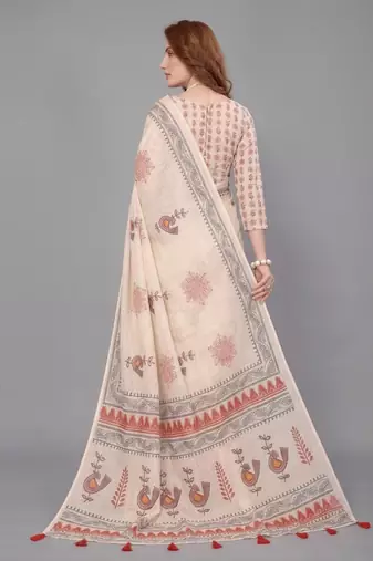 Beige woven linen saree with blouse