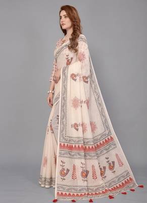 Beige woven linen saree with blouse 3