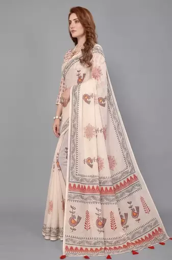 Beige woven linen saree with blouse