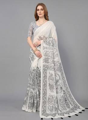 White woven linen saree with blouse 1