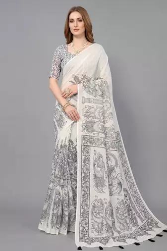 White woven linen saree with blouse