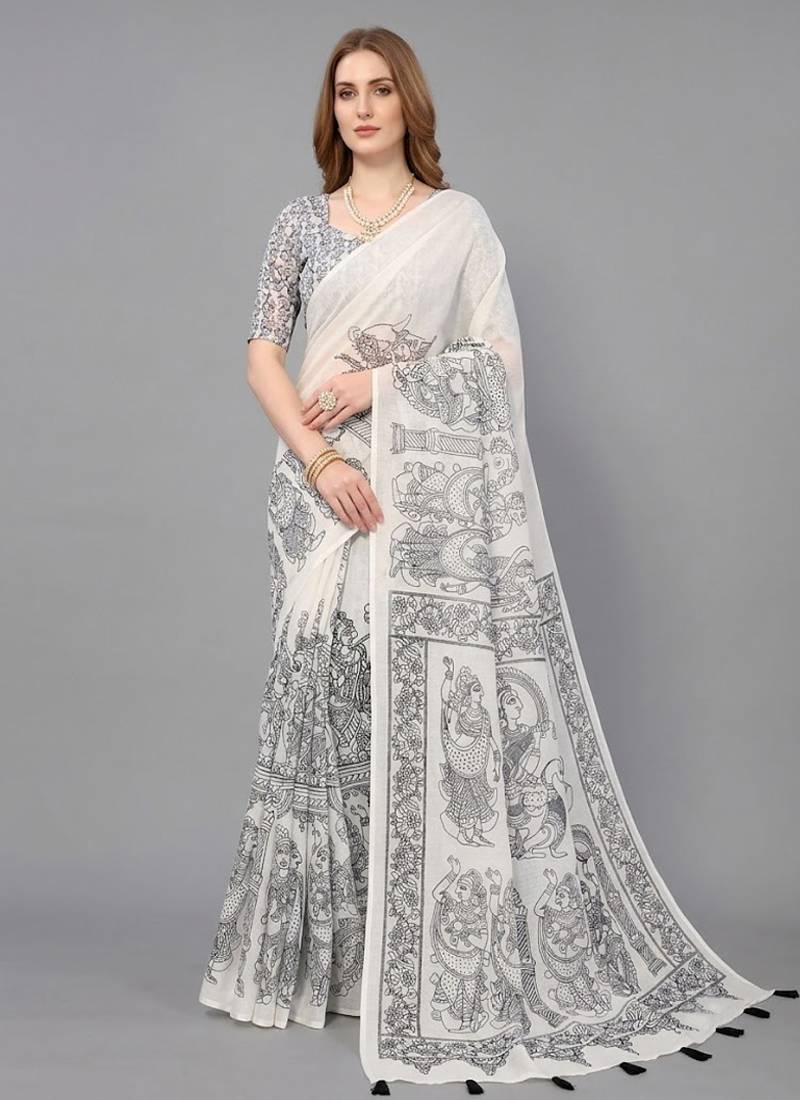 White woven linen saree with blouse