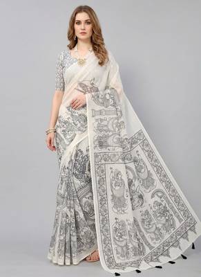 White woven linen saree with blouse 2