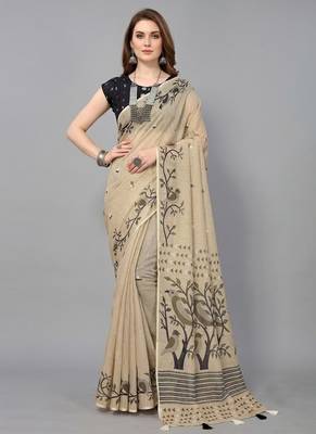 Cream woven linen saree with blouse 1