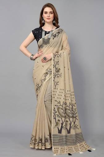 Cream woven linen saree with blouse