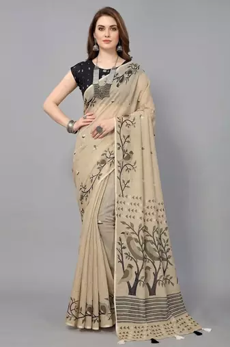 Cream woven linen saree with blouse
