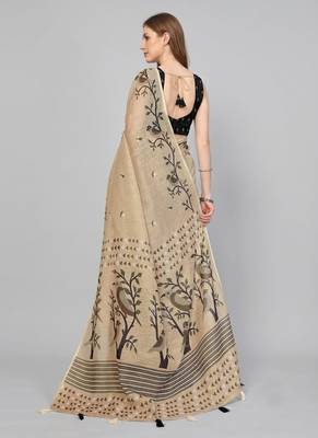 Cream woven linen saree with blouse 2