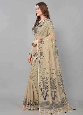 Cream woven linen saree with blouse 3